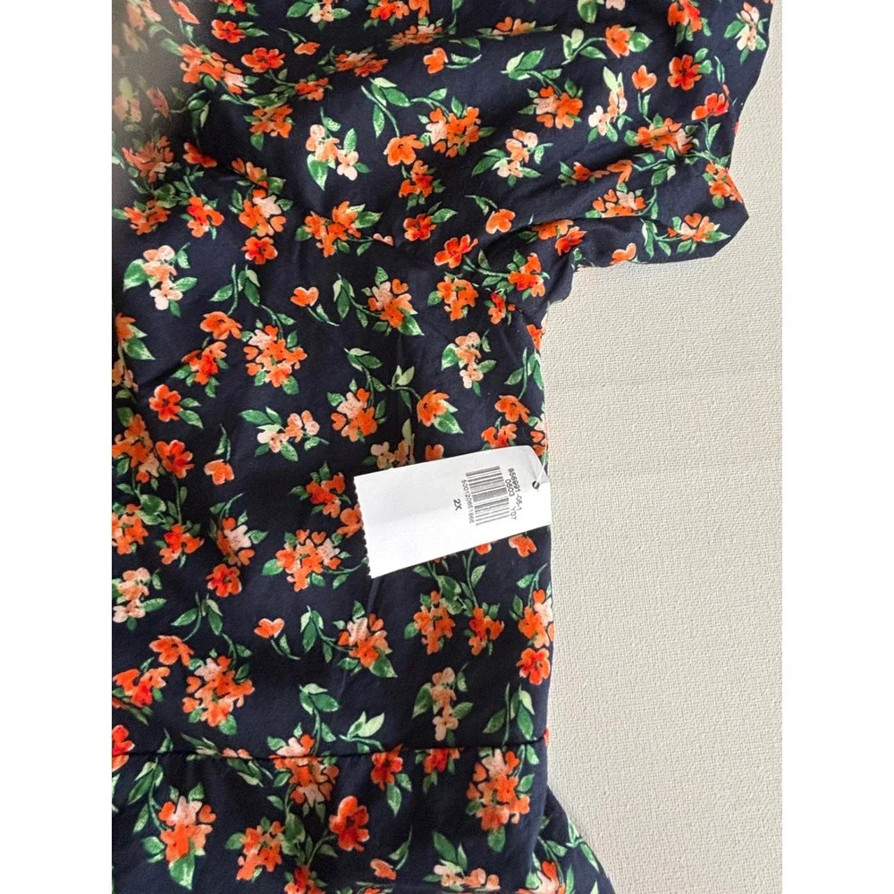 Old Navy Womens 2X Floral‎ Smocked Puff Sleeve Peplum Top Navy Cottagecore